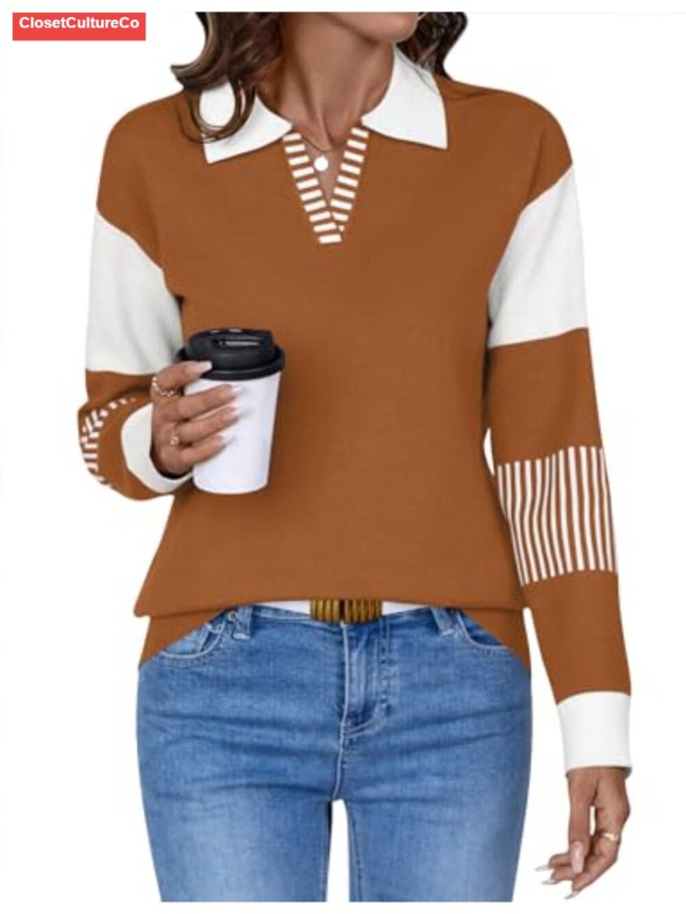 V Neck Long Sleeve Loose Sweaters Color Block Striped Knitted Pullover Jumper